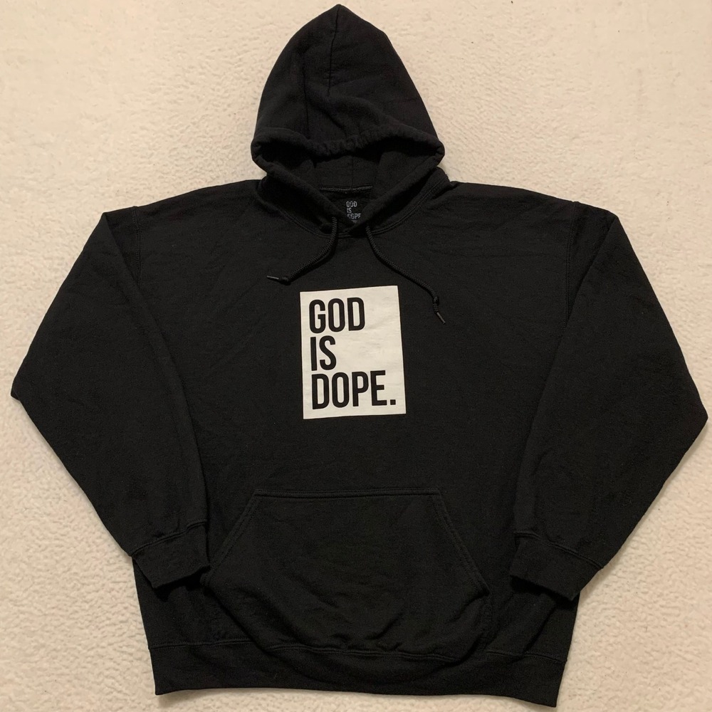 God Is Dope Unisex Hoodie Size L Graphic Logo Pullover Sweatshirt Pocket Black
